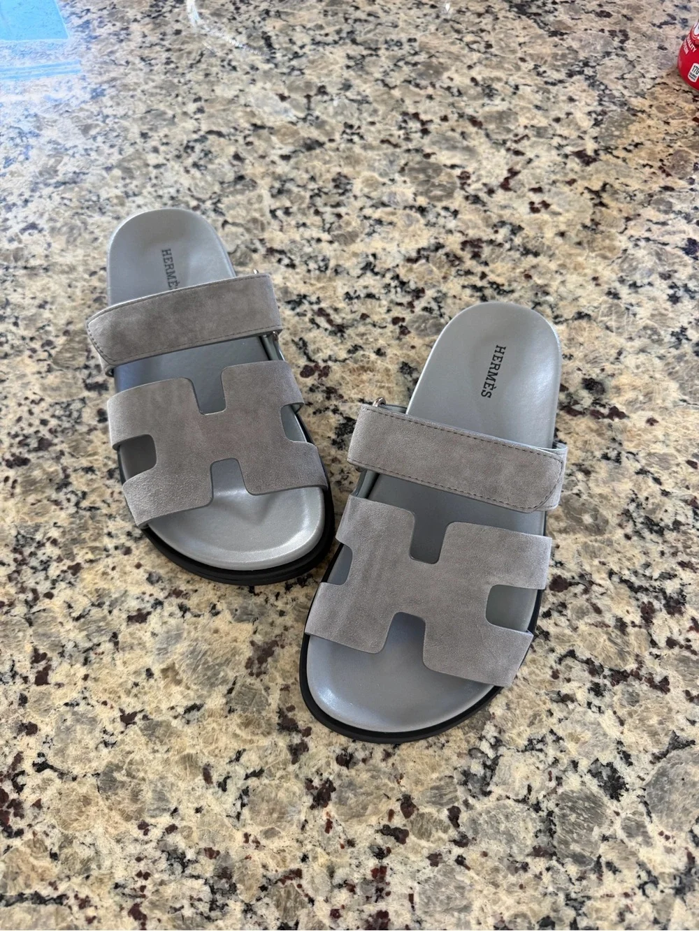 Hermes Grey Suede H-Logo Slide Sandals